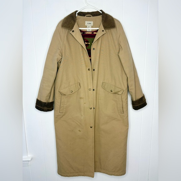 Vintage L.L. Bean Aztec Print Lined Beige Trench Chore Overcoat Jacket Women’s M - Picture 2 of 10